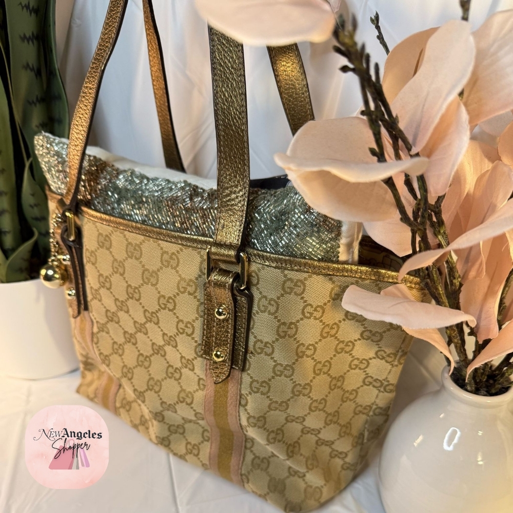 GUCCI  Monogram Charm Small Tote Pink and Tan with Metalic Gold Straps